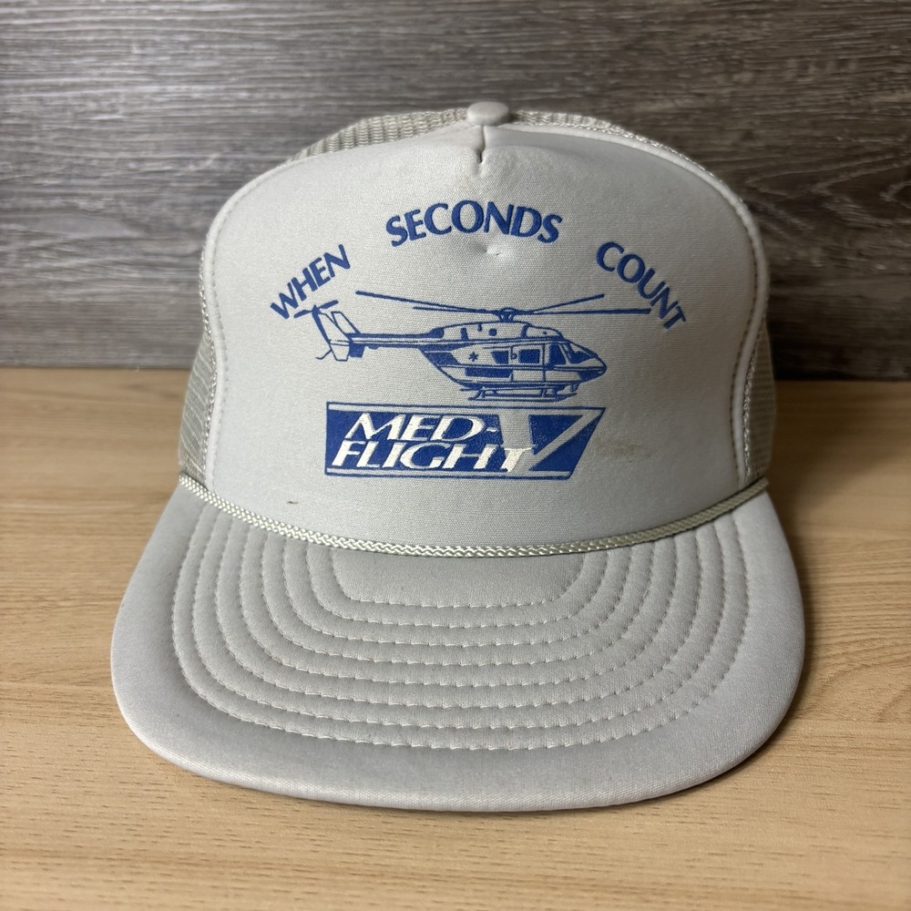 Vintage Med-Flight Hat Cap Snap Back Gray Mesh Trucker Mens Helicopter 80s Promo